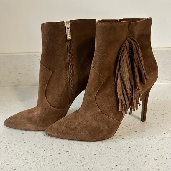 Jessica Simpson Fringe Brown Suede Pointed Toe Heeled Ankle Booties Boots 9M/40 - Picture 4 of 14